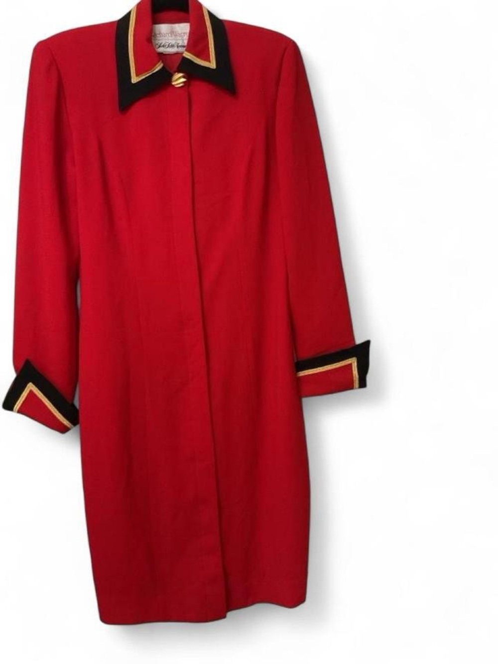 Red Maxi Dress with Black & Gold Trim — Elegant Collared Maxi
